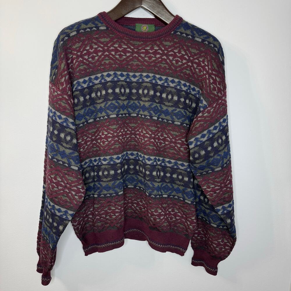 Vintage 90s Club Room Mens L Pure Wool Sweater Multi 3D Geometric Pattern